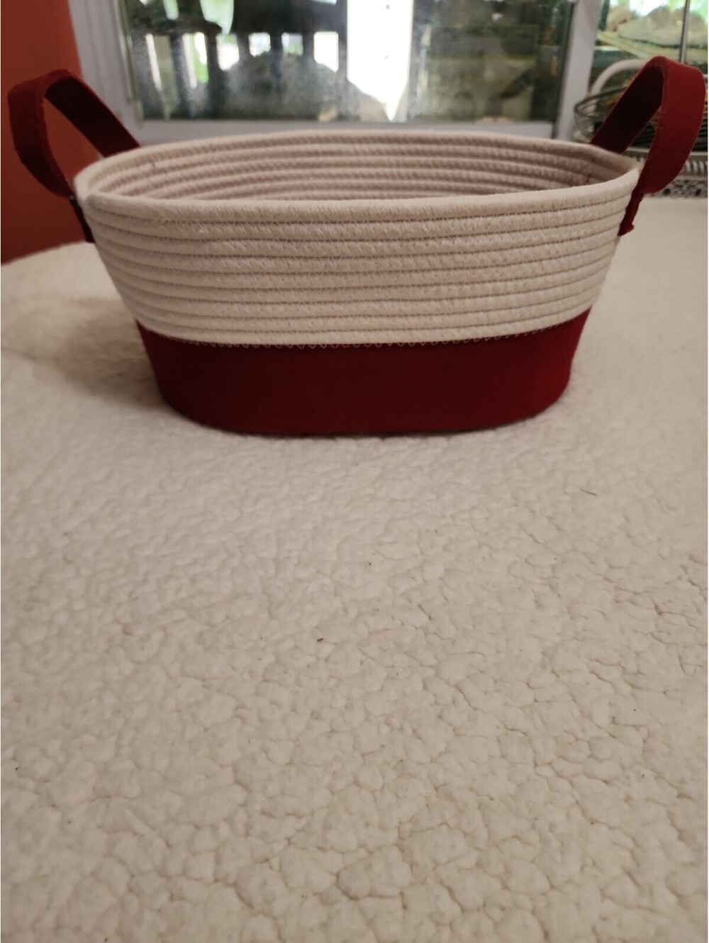 Woven Cotton Oval Storage Basket w/ Handles White/Burgundy 14x10x6